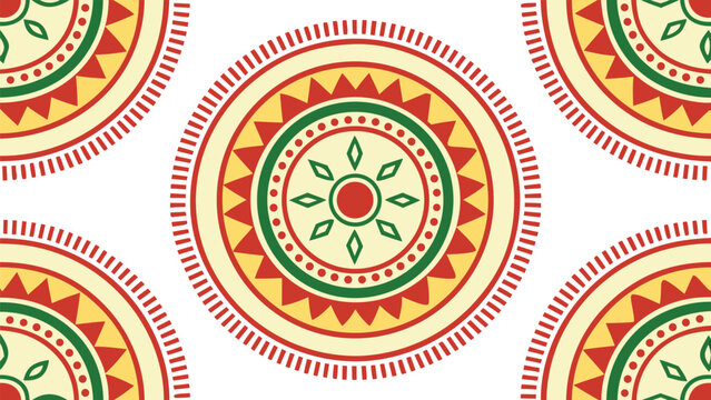 Vibrant geometric circular pattern with floral motifs in red, green, and gold