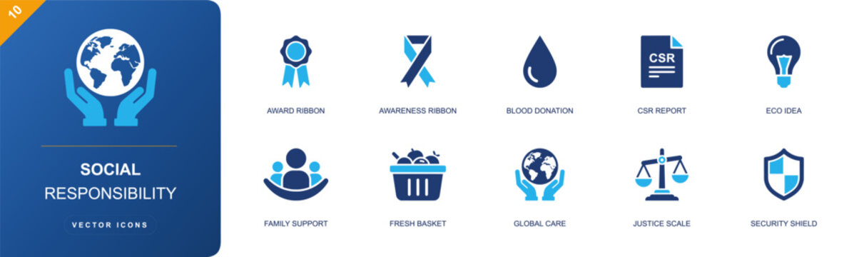 Social responsibility icon set. Containing award, awareness ribbon, blood drop, CSR file, eco bulb, family support, global care, justice scale, shield and more. Solid fill vector icons.