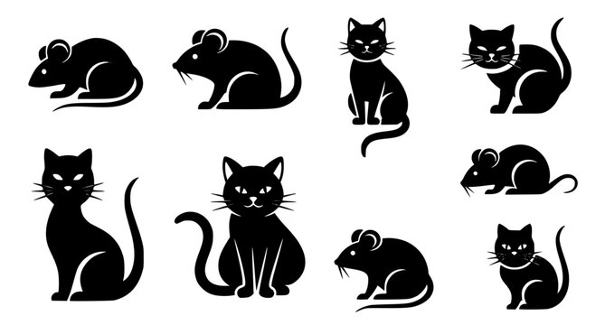 Set of domestic cat and mouse silhouettes in various poses as black vector graphic collection isolated on white background for pet and wildlife design
