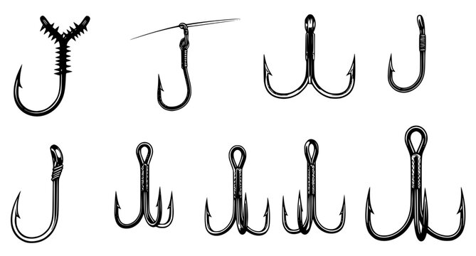 Professional collection of fishing hooks and treble hooks in various styles isolated on white background as a detailed vector graphic set for fishing equipment and angling design projects