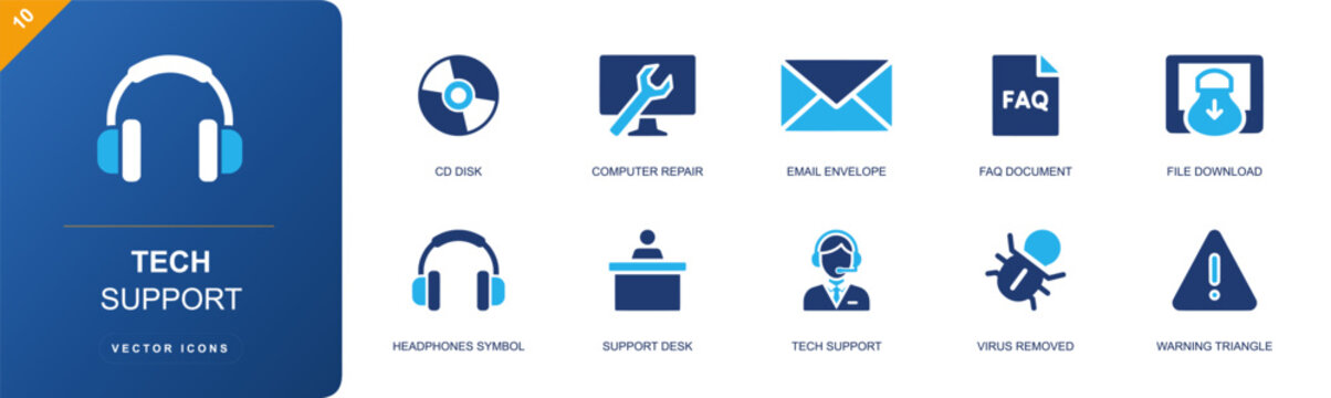 Tech support icon set. Containing CD disk, computer repair, email envelope, FAQ document, file download, headset, support desk, virus removed, warning sign and more. Solid fill vector icons.