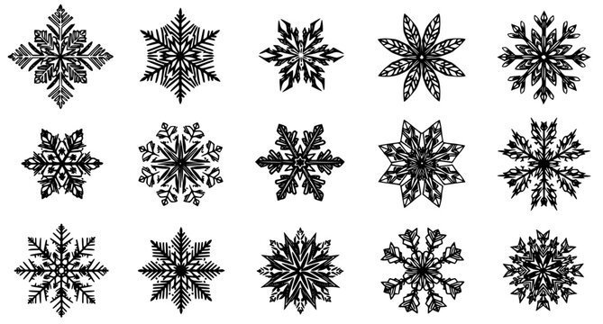 Set of fifteen unique black snowflake silhouettes in various intricate shapes isolated on white background as a winter holiday vector graphic collection for seasonal design and festive decor