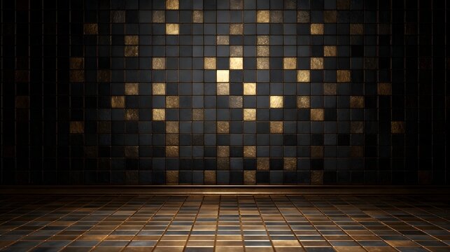 A dramatic corner view featuring a striking combination of gold mosaic panels on the wall and complementary tiled flooring