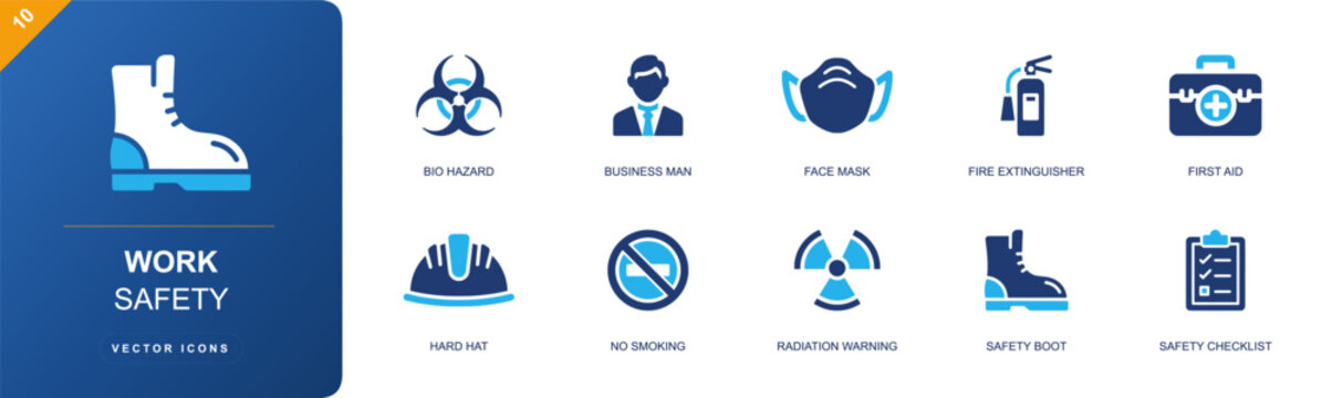 Work safety icon set. Containing bio hazard, businessman, face mask, fire extinguisher, first aid, hard hat, no smoking, radiation warning, safety boot and more. Solid fill vector icons.