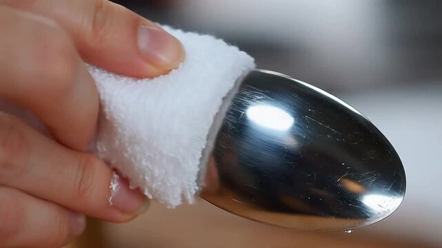 Hand polishing spoon with cloth highlighting geometric patterns and contemporary art