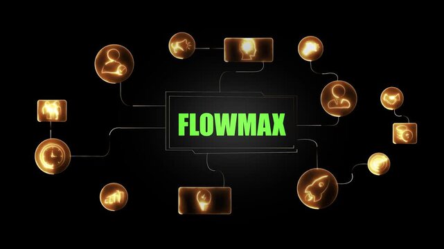 Dynamic flowmax business strategy infographic animation featuring interconnected glowing golden representing corporate growth, innovation, digital workflow optimization