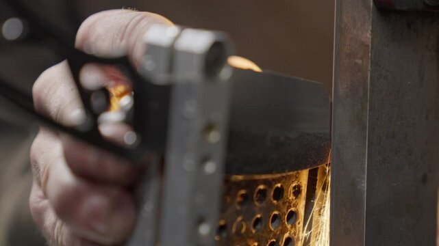 Knife is sharpened by blacksmith in workshop during making