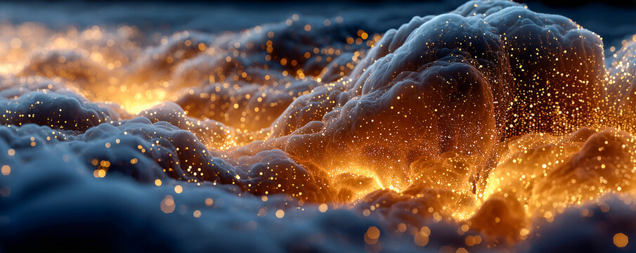 abstract data cloud of gold particles and energy threads in dark indigo space