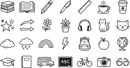 Naklejka premium School Study and Lifestyle Doodle Icon Vector Set