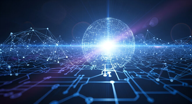Digital network globe illuminated by a bright light, interconnected lines and circuits