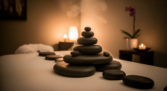 A relaxing spa scene Stacked dark stones on a massage table with steam and ambiance