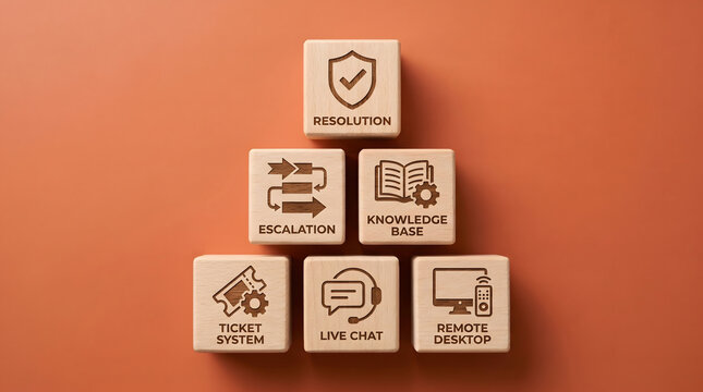 Strategic Customer Support Process Visualized with Wooden Cubes Detailing Key Stages from Ticketing to Ultimate Resolution on an Orange Background