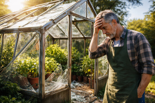 Concerned man in greenhouse facing gardening challenges and setbacks