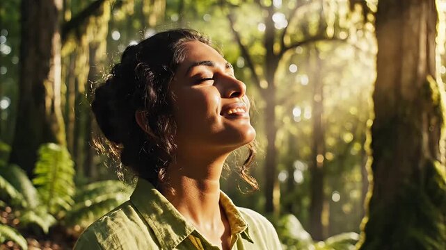 Serene woman in forest, green surroundings, peaceful atmosphere, nature escape