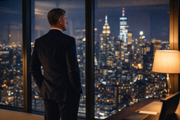 Fototapeta premium Businessman overlooking city skyline at night from office