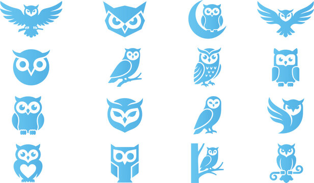 Creative blue owl logos and icons. Diverse abstract and geometric styles.