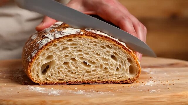 Freshly baked bread being sliced symbolizing healthy eating and gourmet lifestyle
