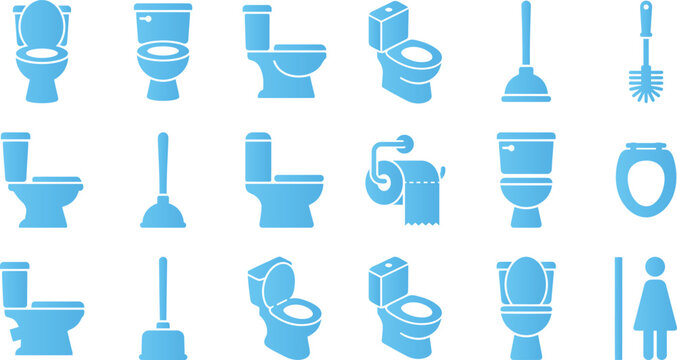 Set of toilet icons including different toilet bowl types and plunger symbols.