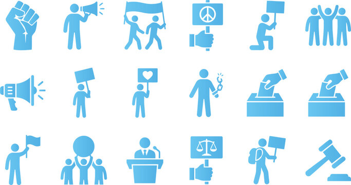 Protest icons on a solid white background for editorial use.