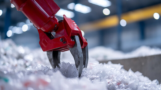 Industrial grabber arm collect and move shredded plastic waste for recycle process. Mechanical claw hold crushed materials in large facility for sustainable future