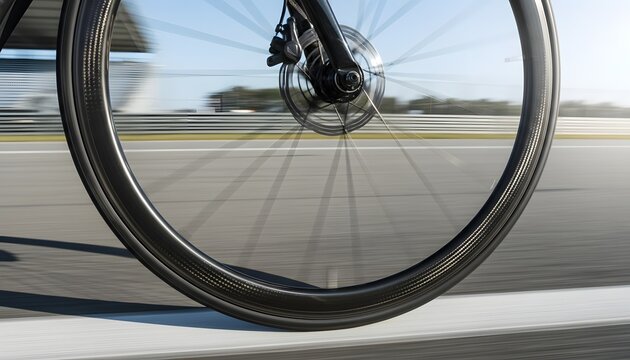 Close-up of a bicycle wheel spinning with high blur and speed on a road for a professional tour de france racing competition concept during a sunny day