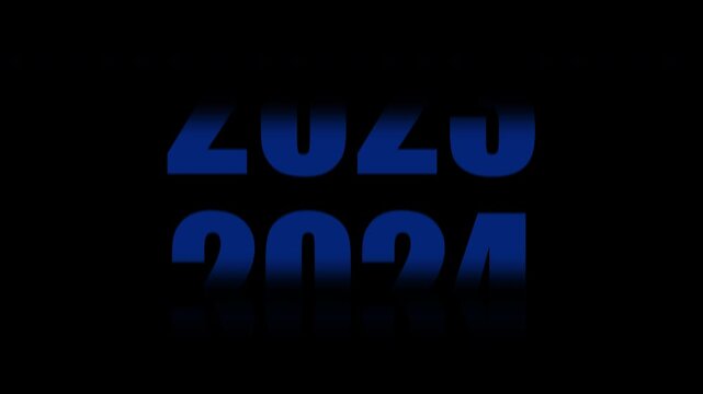 2020 to 2027 rolling year text animation with dark blue timelapse concept, symbolizing time passing and future progression. 4K alpha channel preloader animation with transparent background.
