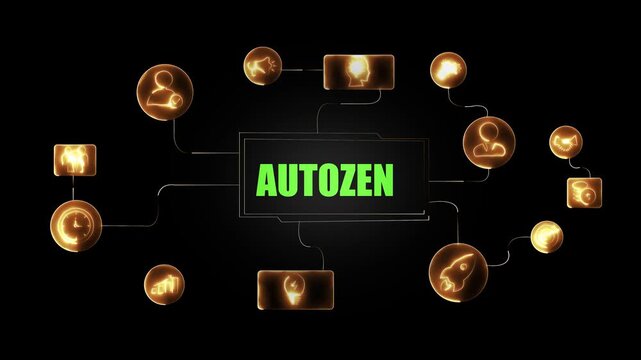 Digital autozen business network infographic with glowing golden and connected nodes for corporate strategy, modern technology, data management, and workflow optimization