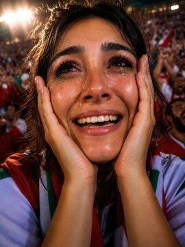 Emotionale Fussballfanin mit Freudentr&auml;nen
Junge Fanin h&auml;lt ihr Gesicht vor Freude und weint w&auml;hrend eines bewegenden Fussballmoments im Stadion.