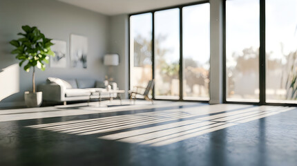 Fototapeta premium Bright modern living room with large floor-to-ceiling and sunlit concrete floor