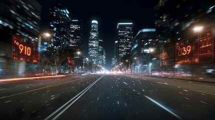 Naklejka premium Modern cityscape viewed at night overlaid with glowing digital data streams and futuristic interfaces