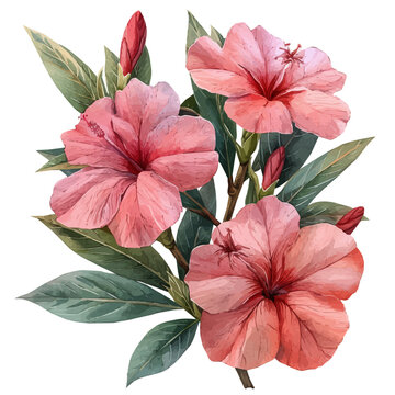 Oleander Flower, illustration watercolor artwork with subtle gradients and elegant contours, isolated on a white background.