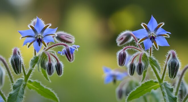 Delicate borage blossoms showcase vibrant blue petals and intricate textures, symbolizing natural beauty and the fragility of ecosystems, offering a glimpse into organic growth.