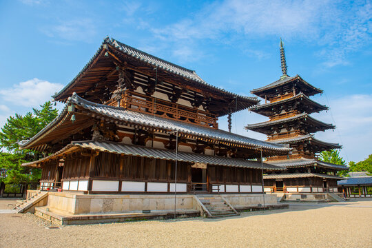 Golden Hall (Kondo) and Pagoda of Horyu Ji Temple. This temple is a Buddhist temple in Ikaruga, Nara Prefecture, Japan. This temple is Buddhist Monuments in the Horyu-ji Area World Heritage Site.
