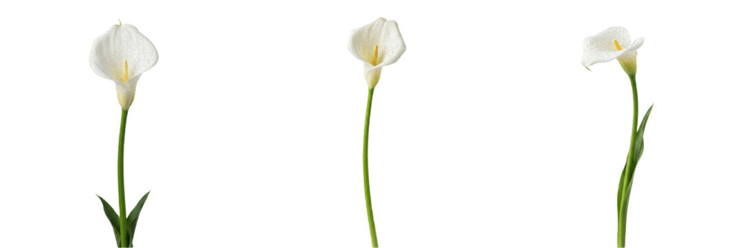 Single White Calla Lily Flower on a Long Green Stem Isolated on White Background - Elegant Botanical Bloom for Wedding Invitations, Luxury Branding, and Floral Design Assets