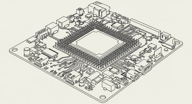 Detailed Illustration of a Computer Microprocessor and Circuit Board.