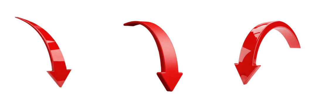 Set of Red Downward Arrow Sign Pointer Decrease Loss Isolated on White Background, PNG