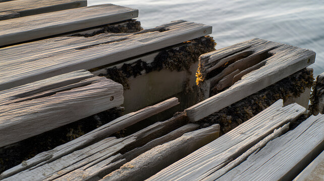Weathered wooden dock planks with barnacles close up view of a seaside pier high-quality professional detailed modern elegant stylish clean