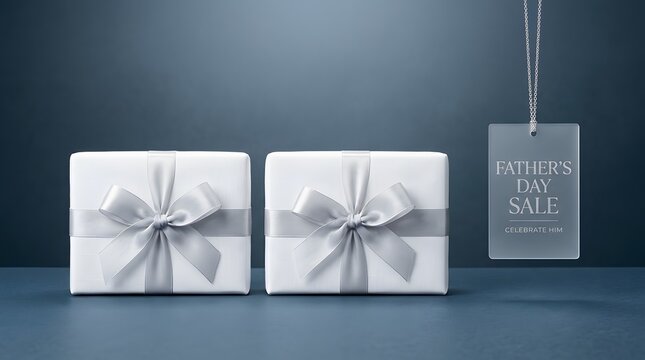 Fathers Day sale with gifts and white ribbon celebratory presentation on blue background