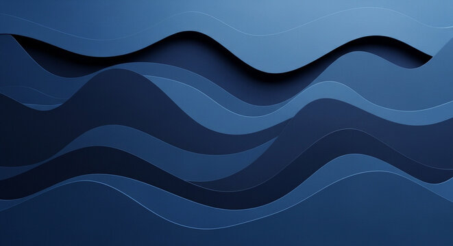 Modern dark blue layered abstract background with smooth 3D flowing waves resembling oceanic papercut topography.