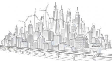 Fototapeta premium Detailed black and white sketch of a modern city skyline with skyscrapers.