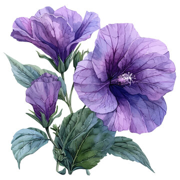 Lavatera Flower, illustration watercolor artwork with subtle gradients and elegant contours, isolated on a white background.
