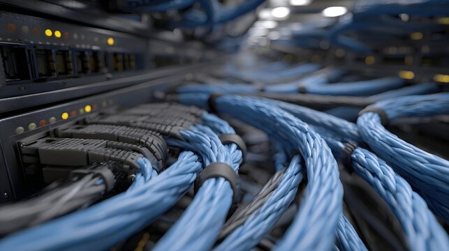 A detailed view of densely bundled networking cables plugged into industrial data racks symbolizing global information flow and connectivity