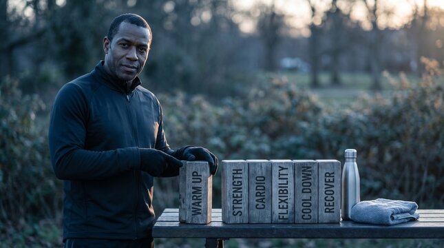Fitness supplements and a shaker bottle stand on an outdoor table beside an athletic man in training clothes, with blurred park vegetation forming a cool toned background.