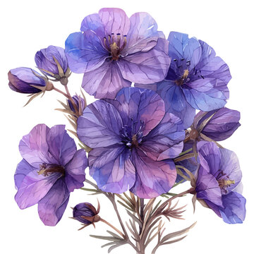 Hesperis Flower, illustration watercolor with dynamic strokes and balanced color harmony, isolated on a white background.