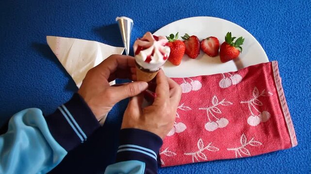 Helado fresa y nata cucurucho cono strawberry ice cream de verano summer en mano refrescante y dulce con fruta natural en plato con servilleta y trapo