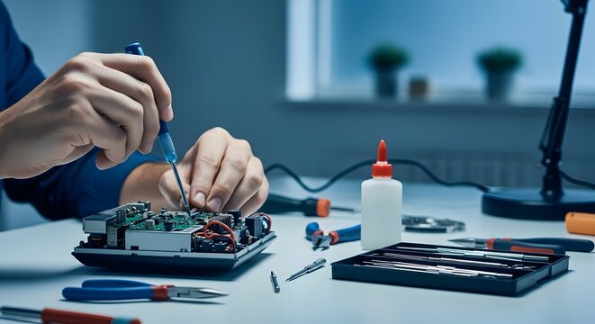 Close up of Technician Hands Using Precision Screwdriver to Repair Electronic Circuit Board and Microchip Components on a Professional Technical Workspace with Tools