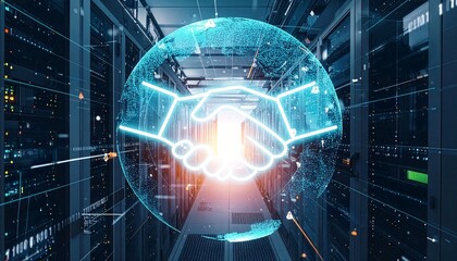 Obraz premium A visionary digital handshake, embodying collaboration and technological advancement within a high-tech data center. Representing the future of innovation and strategic partnership.