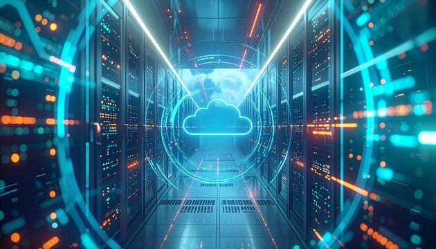 A futuristic digital server room showcasing a data cloud concept, a symbol of innovation and interconnectedness in the realm of modern technology. 