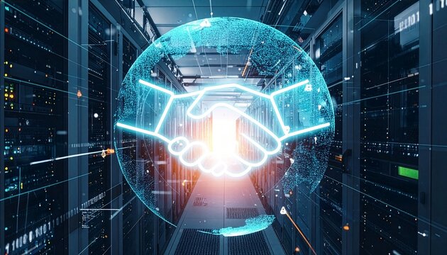 A visionary digital handshake, embodying collaboration and technological advancement within a high-tech data center. Representing the future of innovation and strategic partnership.