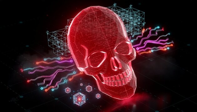 A chilling digital rendering of a vibrant red skull at the core, emanating a sense of technological danger and intrigue. intricate neon circuitry.